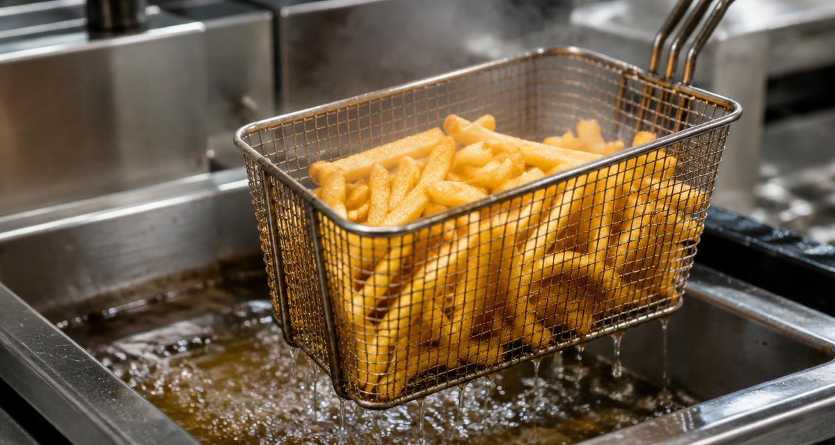 Basket of golden french fries lifted out of a commercial fryer