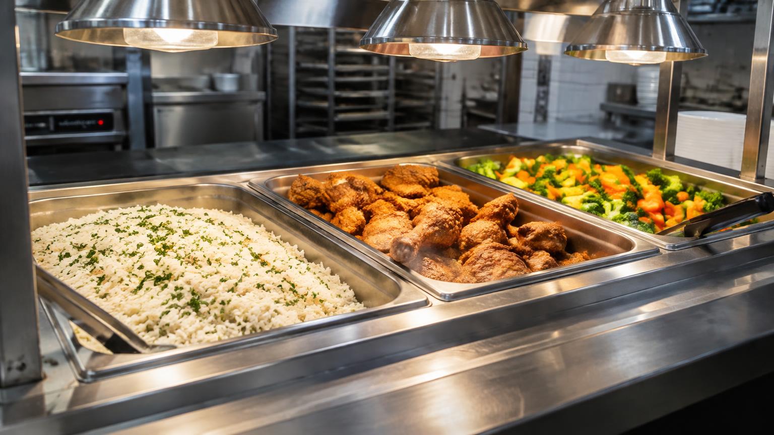 Steam table with pans of rice, fried chicken and vegetables under heat lamps