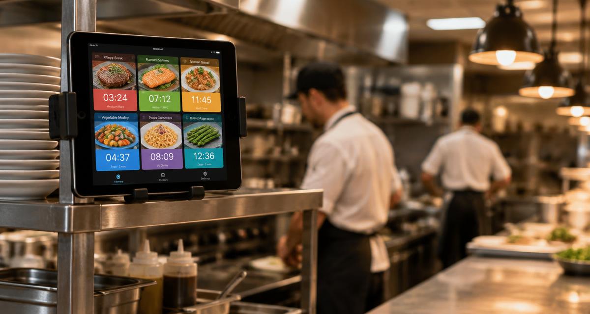 iPad kitchen timer mounted on a steel shelf in a busy restaurant kitchen