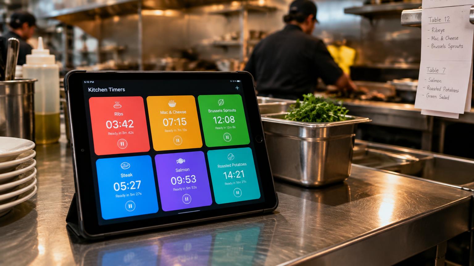 iPad on a stainless kitchen counter showing several colour-coded countdown timers at once